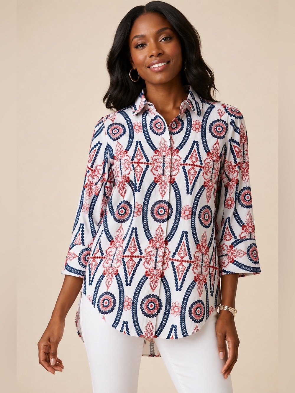 Boho Chic Embroidered Tunic Blouse White Red Navy Floral Eyelet Shirt Size S